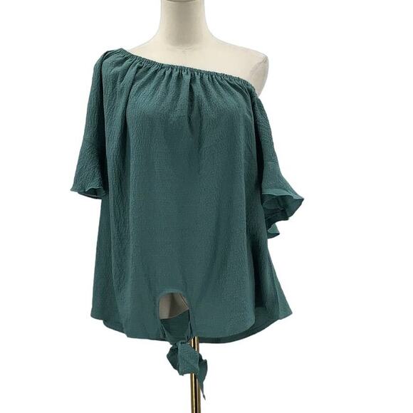 BLOOMCHIC SZ 12 L Green Solid Cut Out Knotted Hem One Shoulder Blouse NWT B95 - Picture 3 of 8